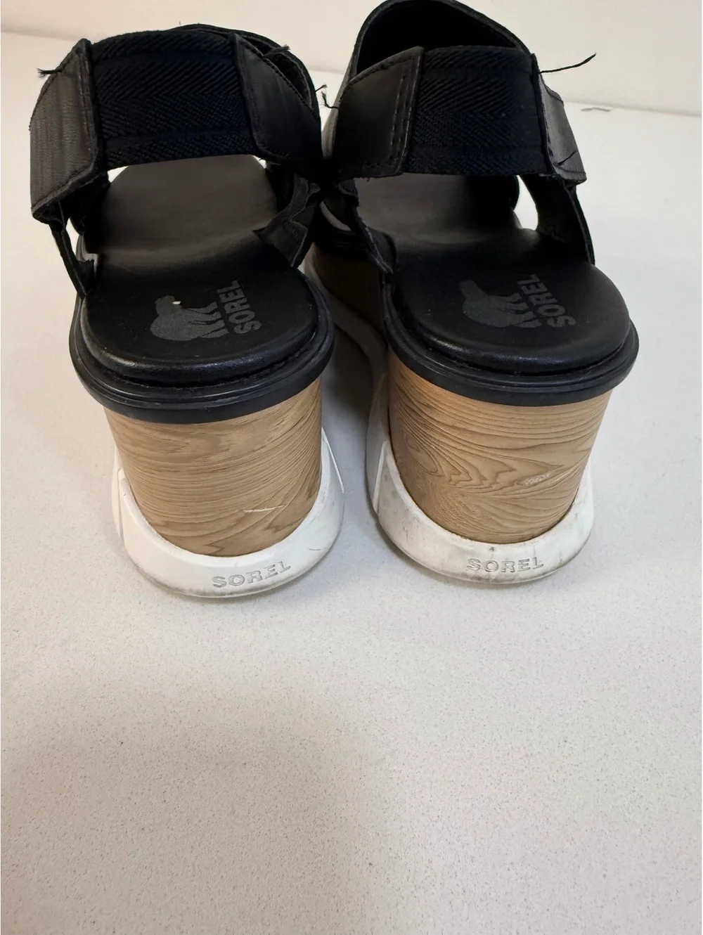 Sorel Women's Black Wedge Sandals with Wood-Effect Platform 9/9.5